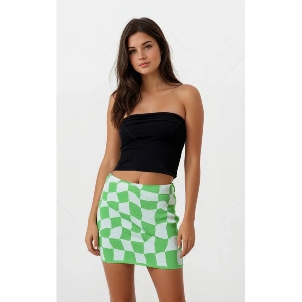 Big Waterblue Sky Green Checkered Soft Knit Mini Skirt Sz M NWT